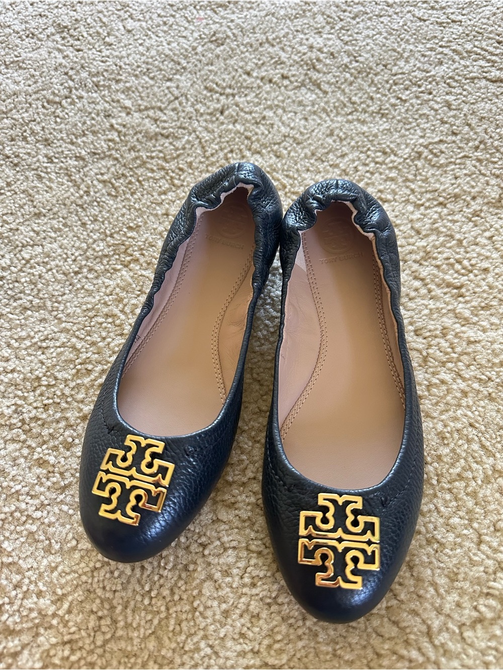 Tory Burch Black Leather Ballet Flats with Gold Logo Medallion - Picture 6 of 6